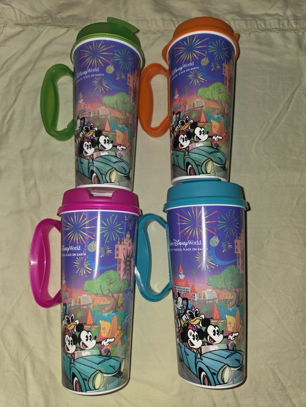 Disney Colorful Park Reusable Mugs Set with Pink, Green, Orange & Teal Lids